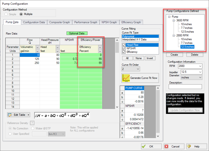 The Pump Data tab of the Pump Configuration window. The Efficiency/Power column and Pump Configurations Defined box are both outlined with a red box.